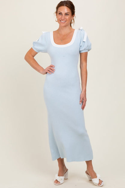 Light Blue Shoulder Bow Puff Sleeve Sweater Dress