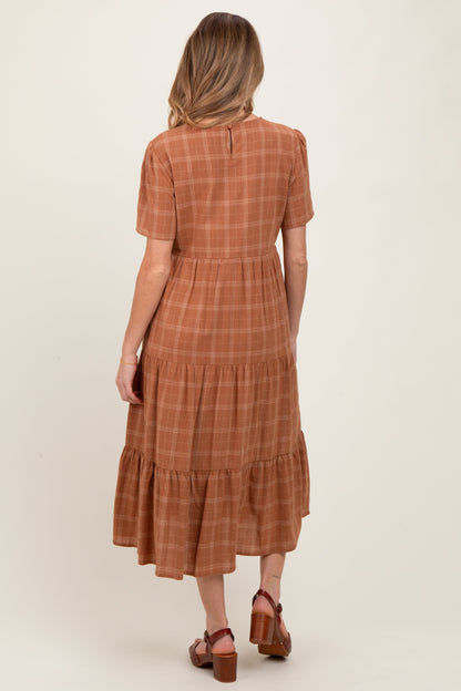 Rust Plaid Tiered Short Sleeve Maternity Dress