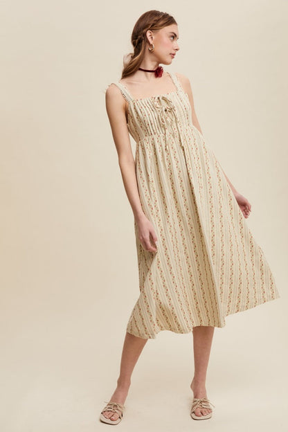 Light Olive Floral Embroidered Striped Midi Dress