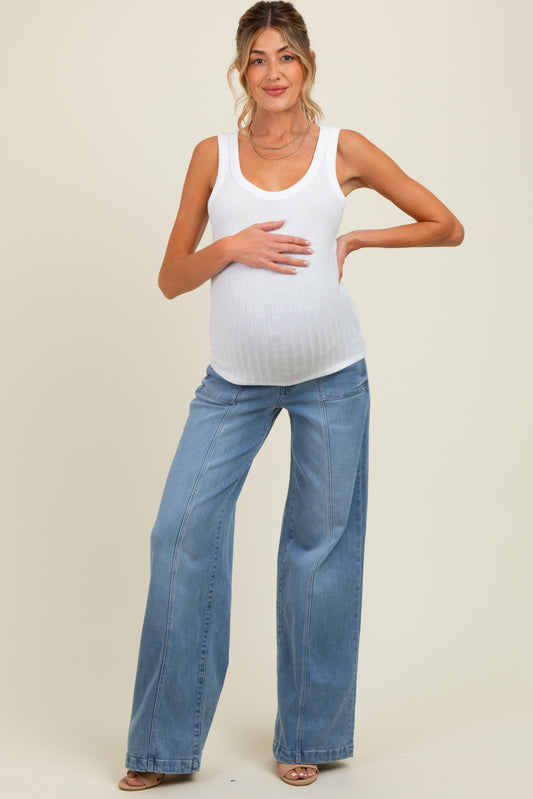 Blue Front Seam Super Wide Leg Maternity Jeans