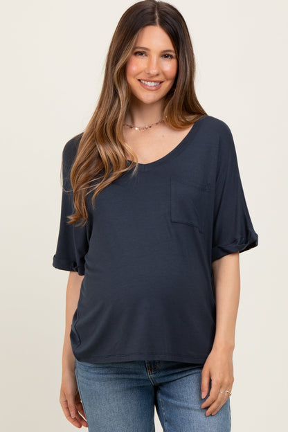 Charcoal Oversized V-Neck Front Pocket Maternity T-Shirt