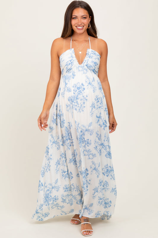 Light Blue Floral Tie-Back Halter Maternity Maxi Dress