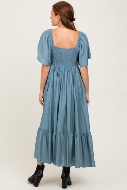 Blue Flutter Sleeve Ruffle Hem Midi Dress
