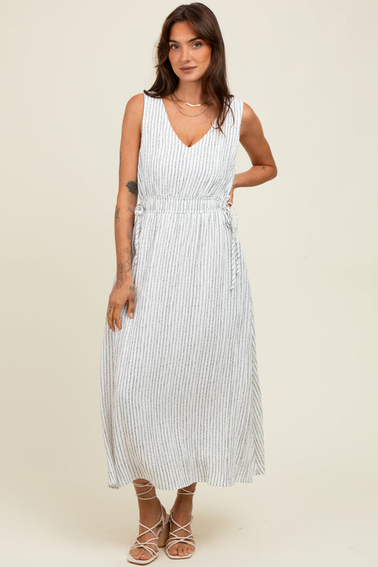 Ivory Dotted Stripe Side Tie Sleeveless Midi Dress