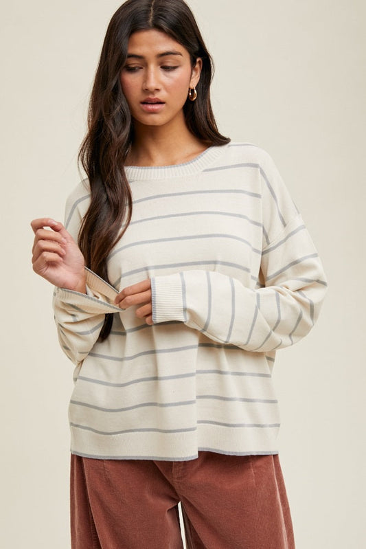 Cream Striped Drop Shoulder Sweater