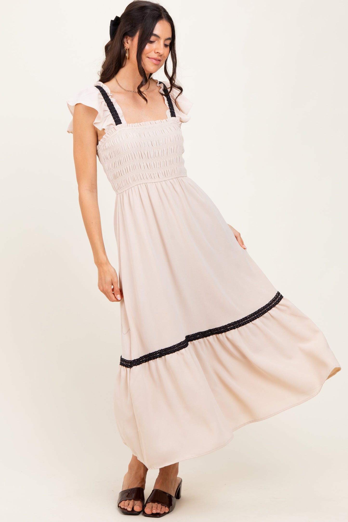 Beige Smocked Lace Detail Midi Dress
