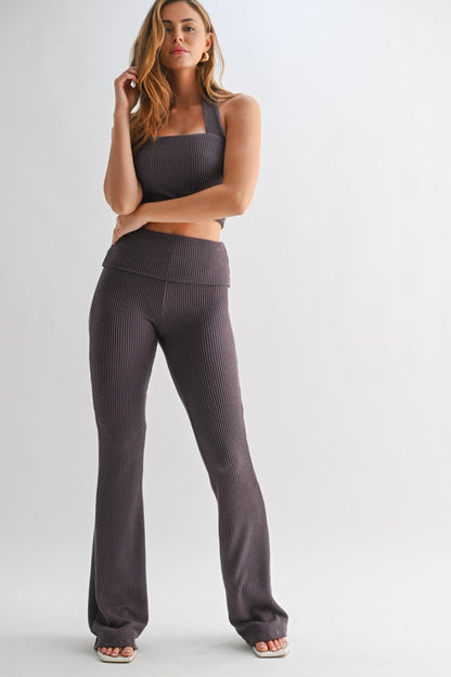 Purple Textured Rib Crop Tank Flare Leg Pant Set
