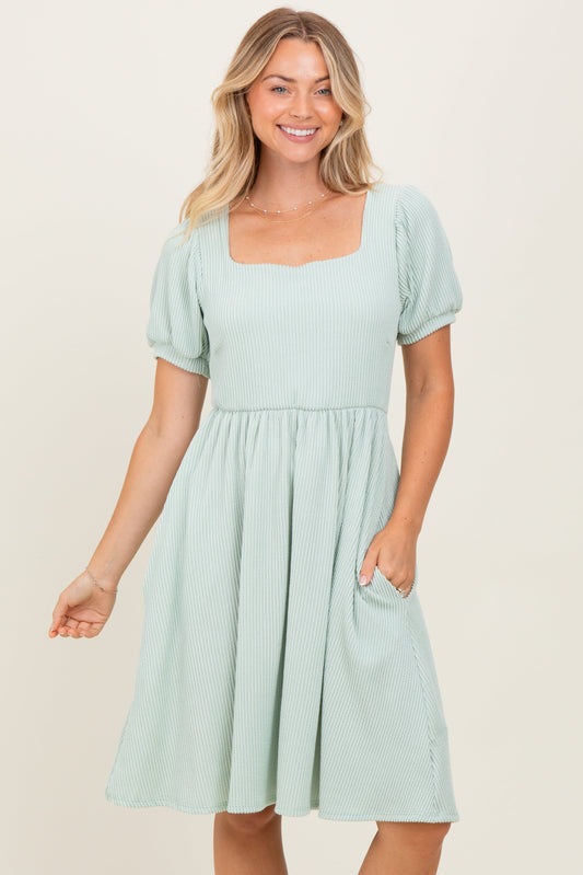 Sage Square Neck Puff Sleeve Rib Babydoll Dress