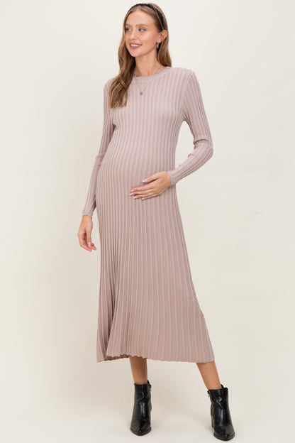 Beige Ribbed Long Sleeve Maternity Sweater Midi Dress