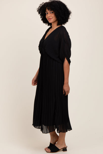 Black Pleated V Neck Maxi Dress