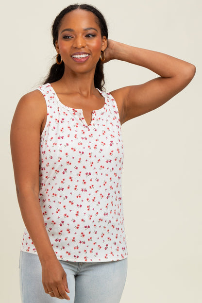 Ivory Floral Ribbed Split Neck Tank Top