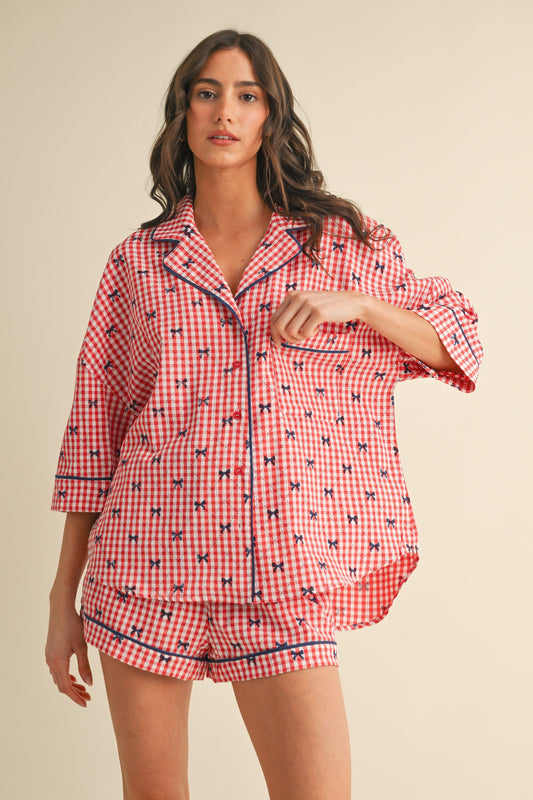 Red Bow Print Gingham Pajama Short Set