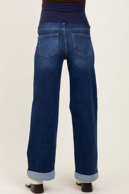 Dark High Rise Wide Leg Cuffed Maternity Jeans