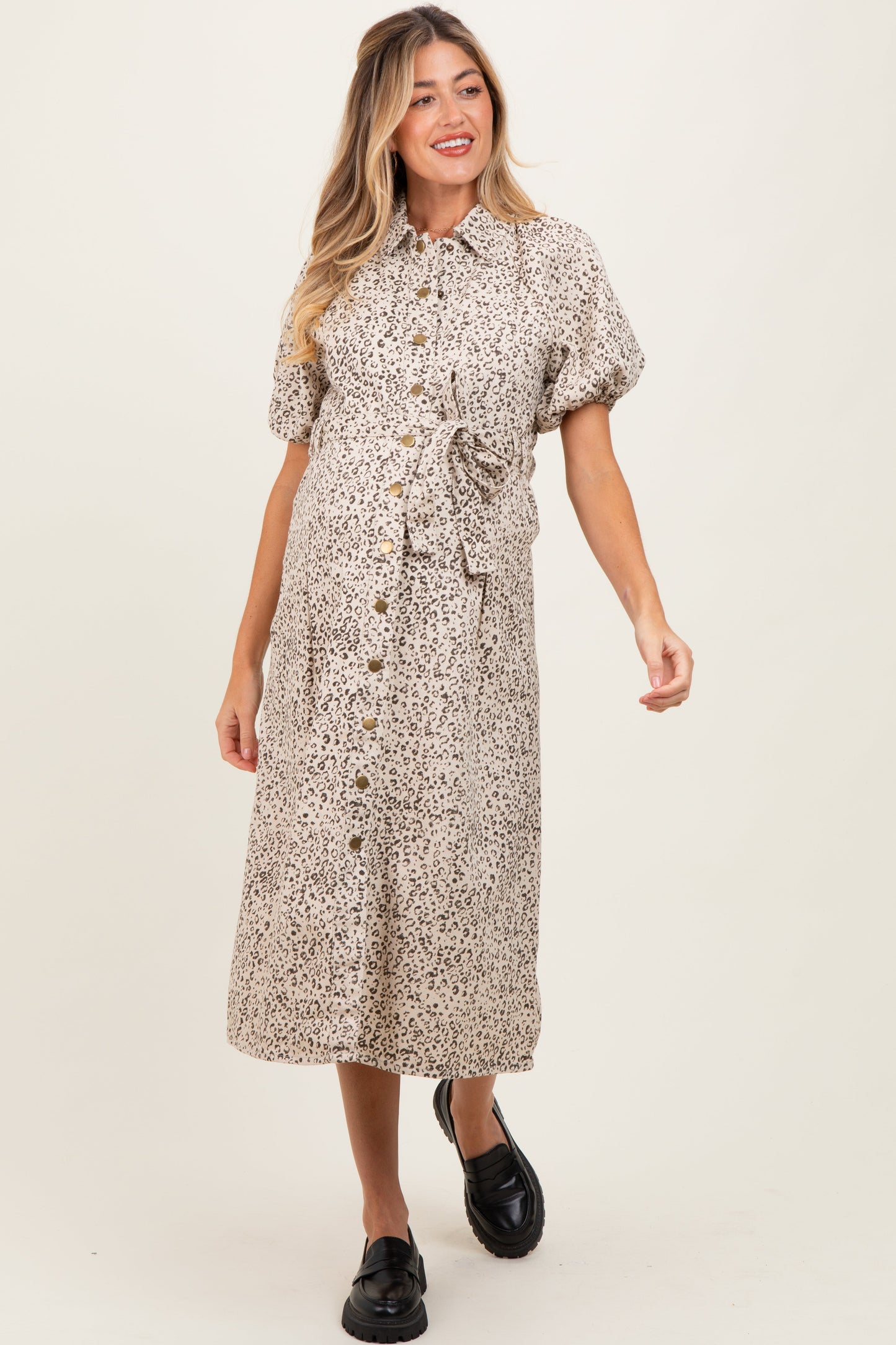 Cream Floral Button Front Waist Tie Maternity Midi Dress