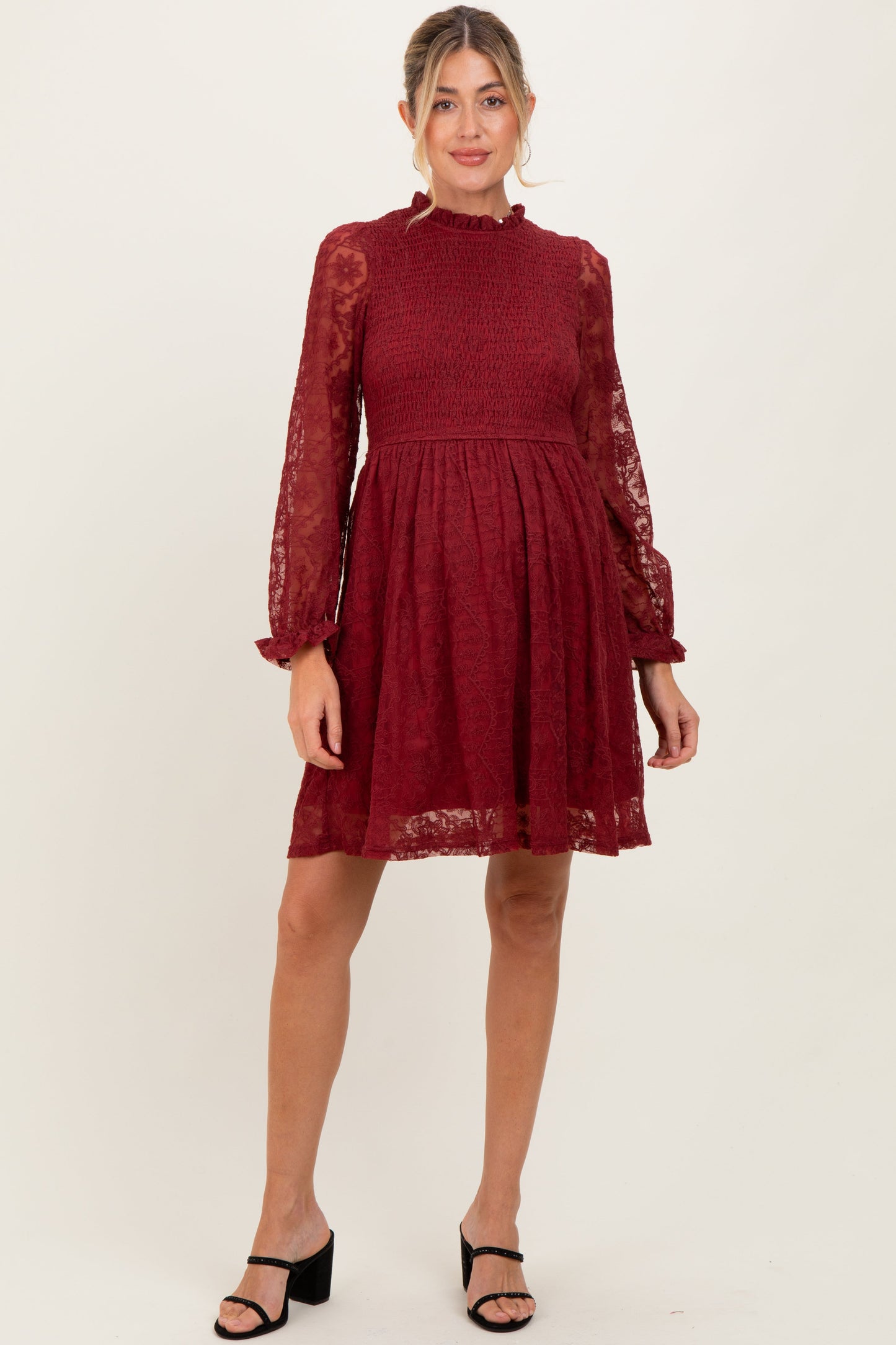 Red Lace Smocked Long Sleeve Maternity Dress