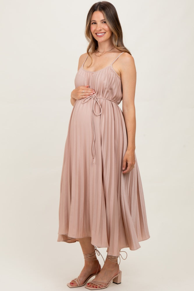 Mocha Pleated Sash Tie Maternity Midi Dress