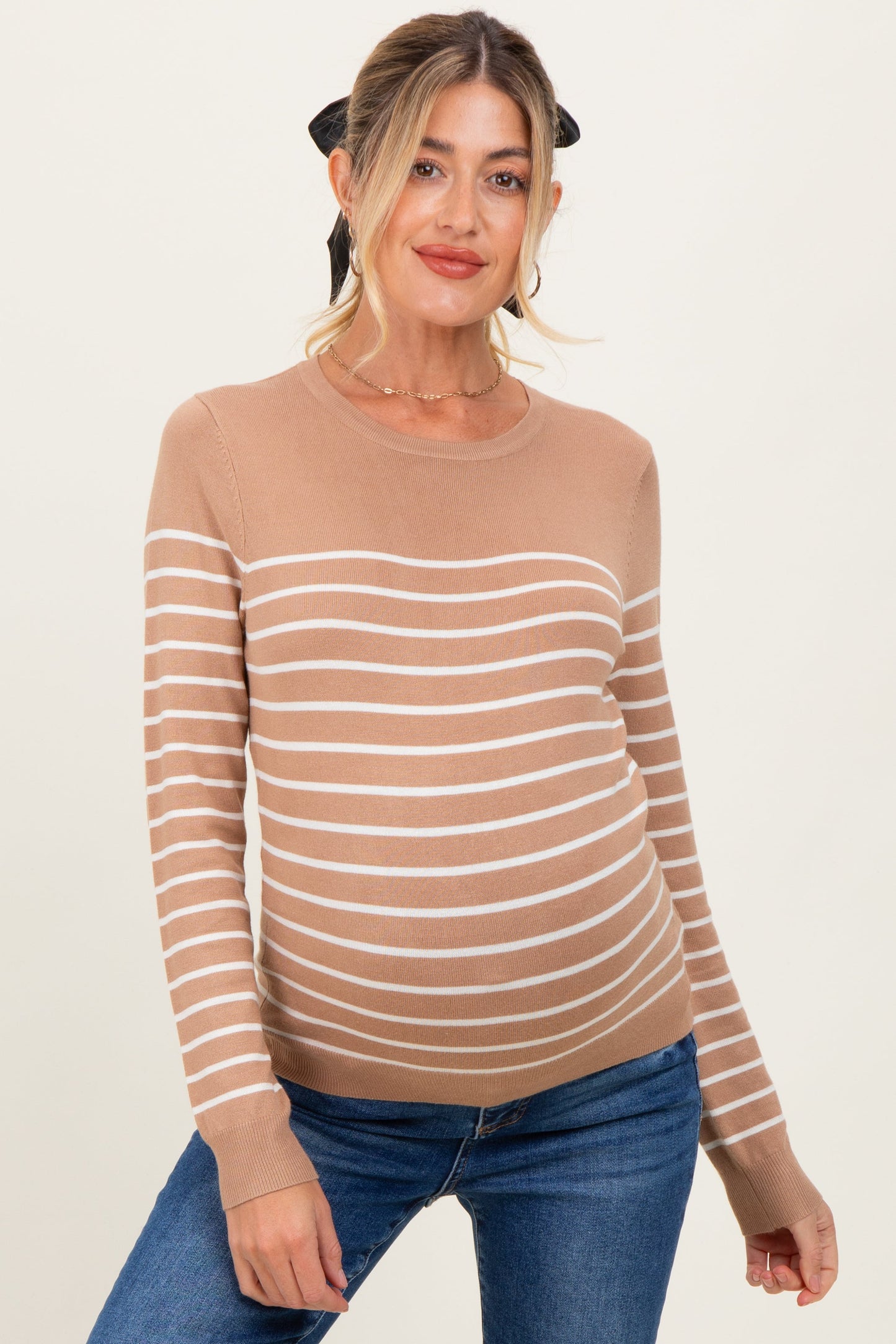 Camel Striped Knit Maternity Long Sleeve Top