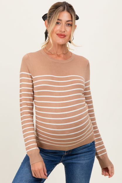 Camel Striped Knit Maternity Long Sleeve Top