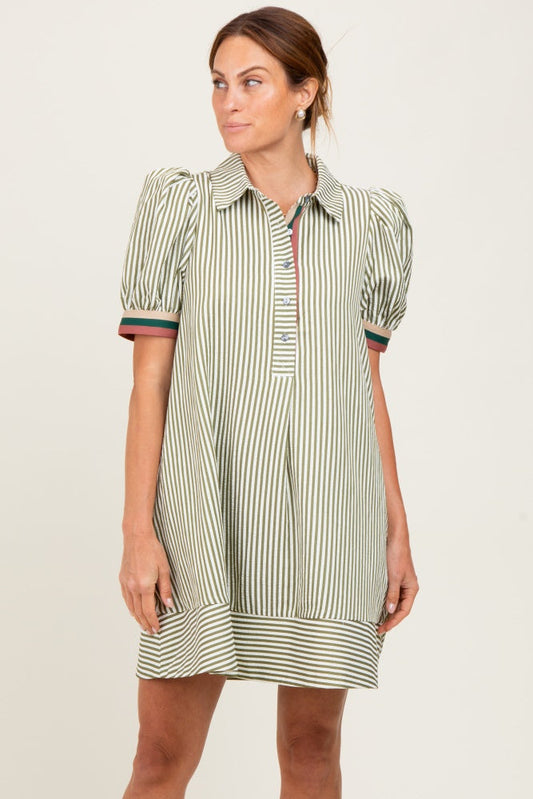 Light Olive Striped Puff Sleeve Mini Shirt Dress