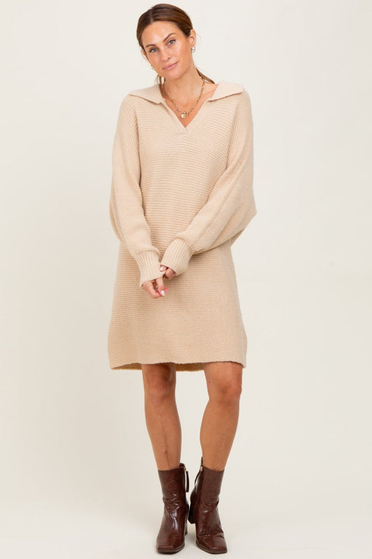 Taupe Chunky Knit Collared Sweater Dress