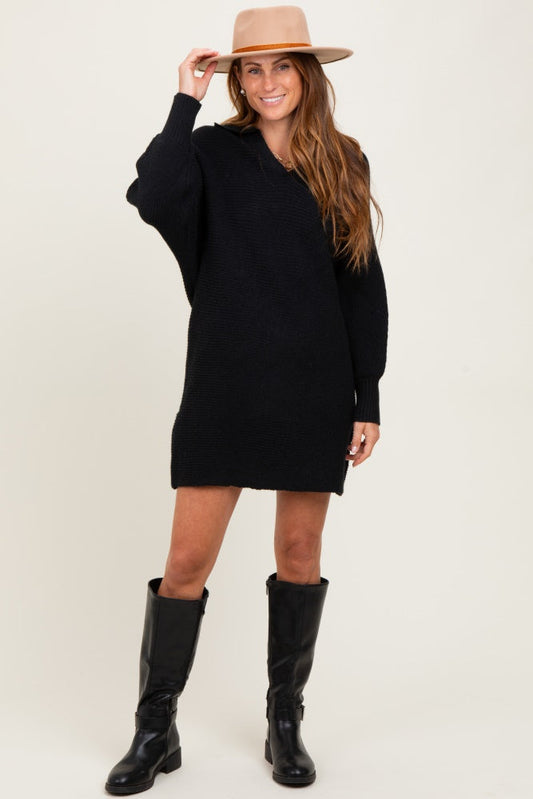 Black Chunky Knit Collared Sweater Dress