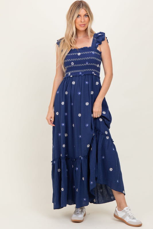 Royal Blue Floral Embroidered Smocked Maxi Dress