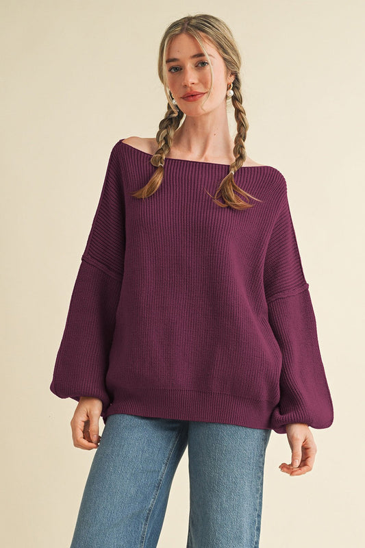 Plum Balloon Sleeve Boat Neck Knit Sweater