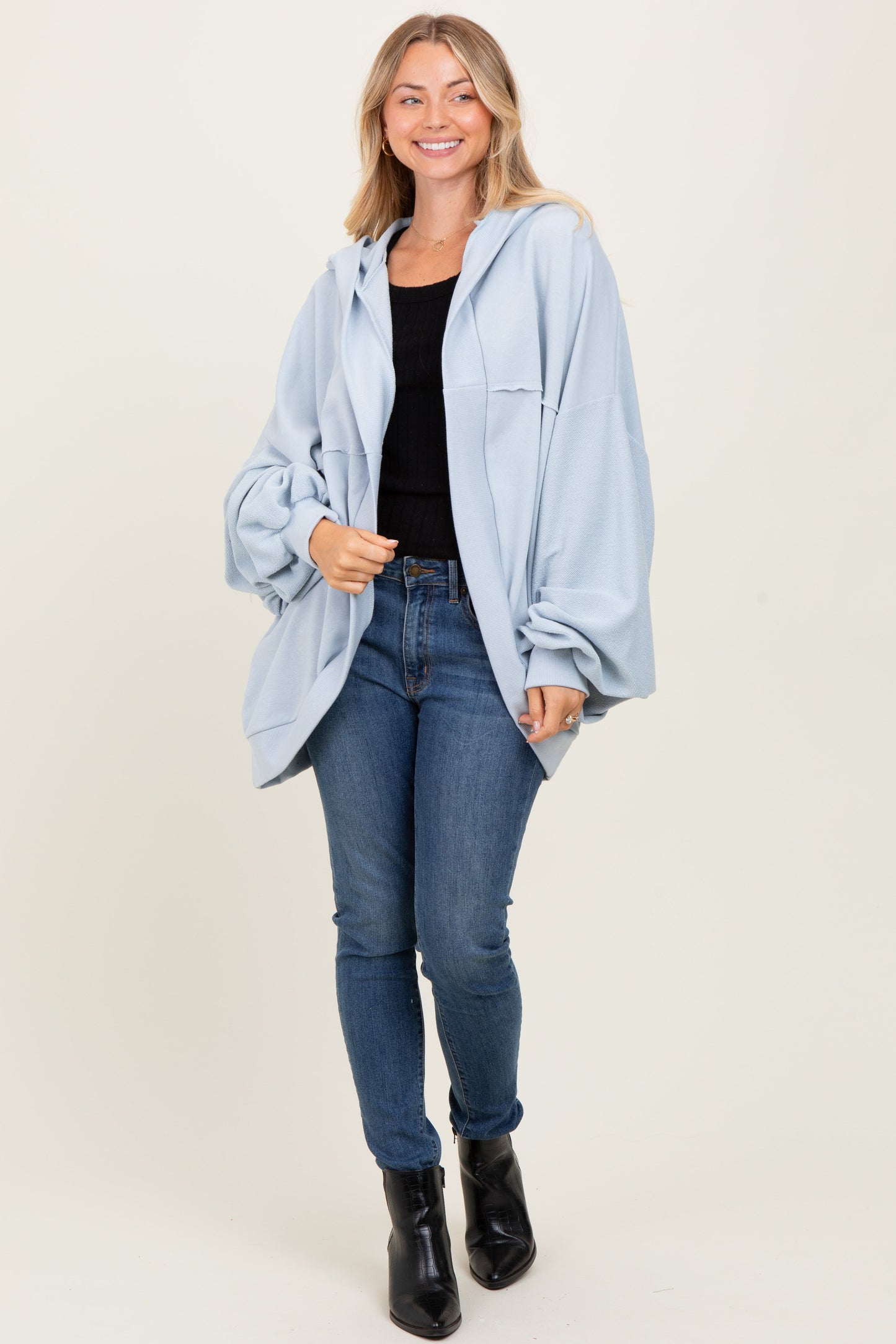 Light Blue Solid Terry Long Dolam Sleeve Vintage Hoodie
