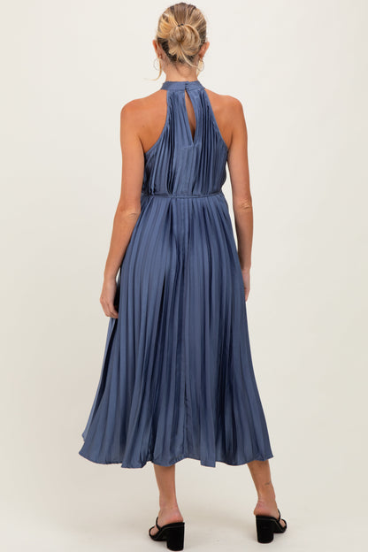 Navy Blue Pleated Maternity Halter Dress
