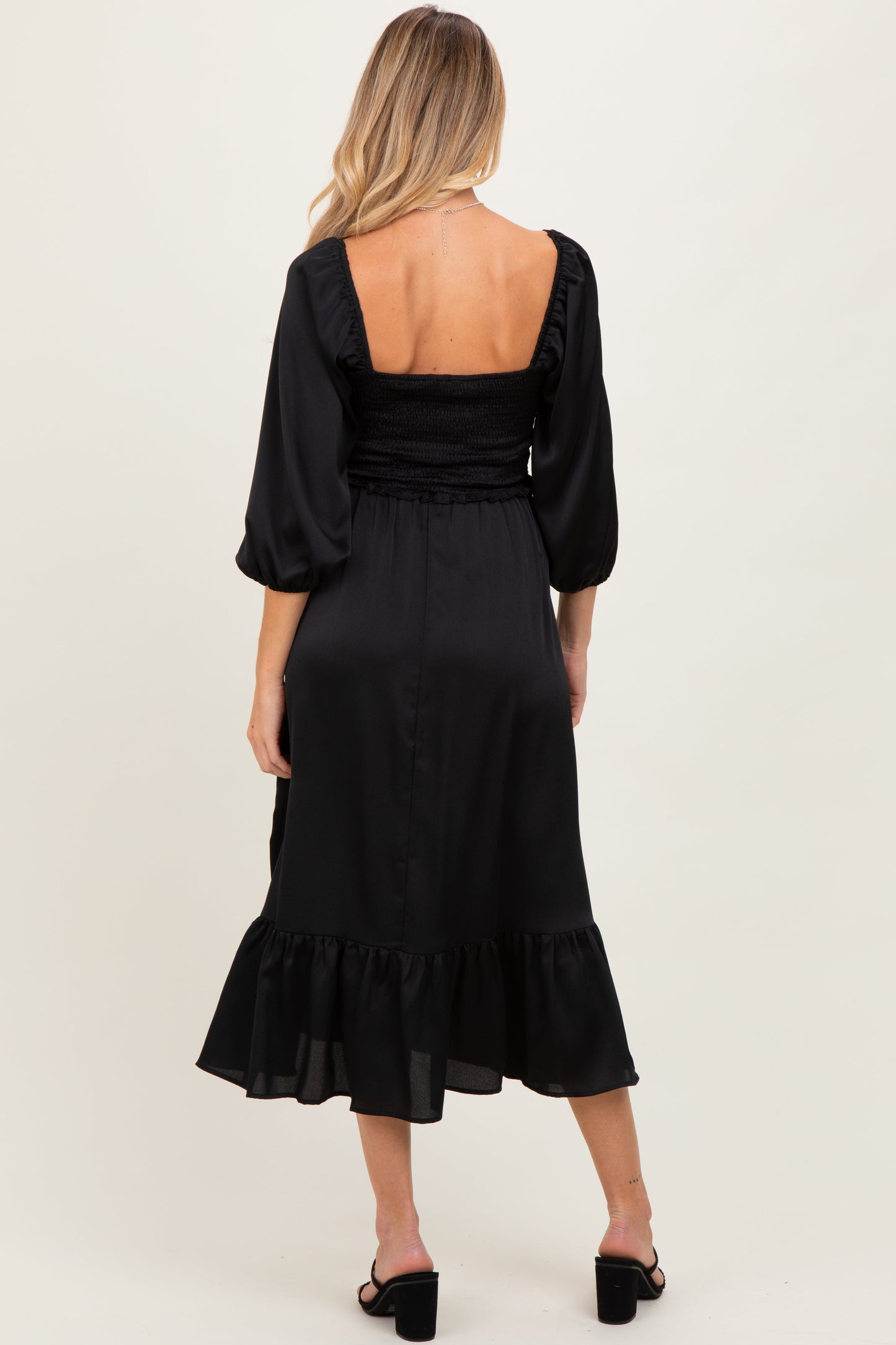 Black Satin Smocked Cinched Bust Maternity Midi Dress