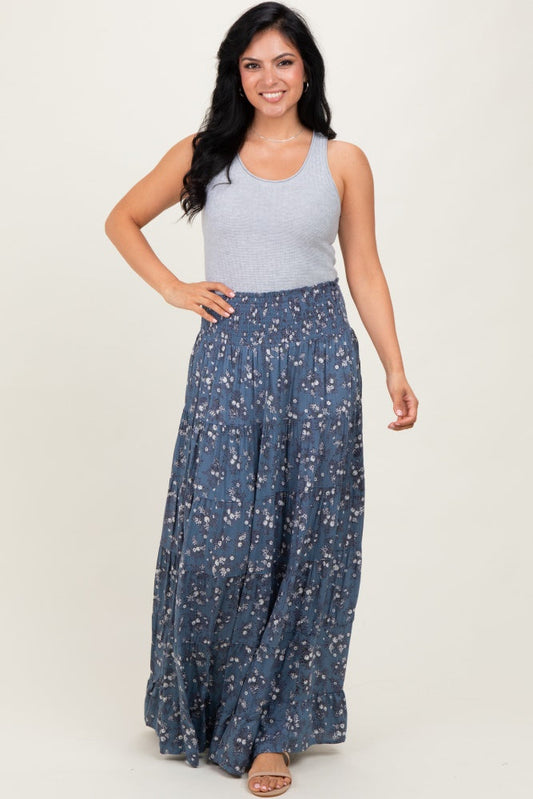Blue Floral Smocked Waist Tiered Maxi Skirt