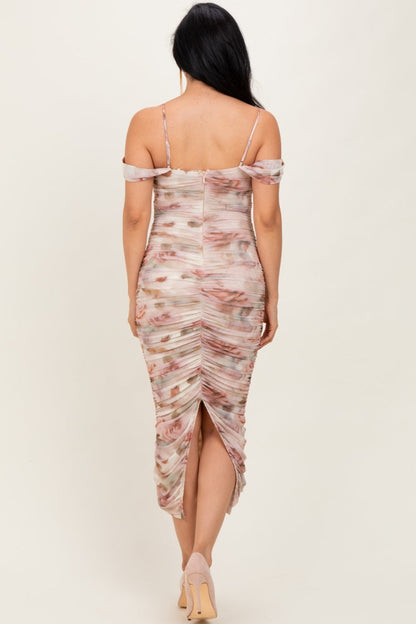 Cream Rose Floral Mesh Ruched Off Shoulder Midi Dress