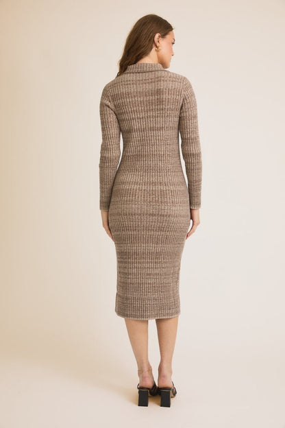 Mocha Striped Rib Knit Polo Sweater Dress