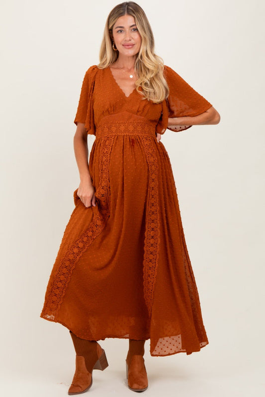 Rust Swiss Dot Crochet Lace Accent Maternity Maxi Dress