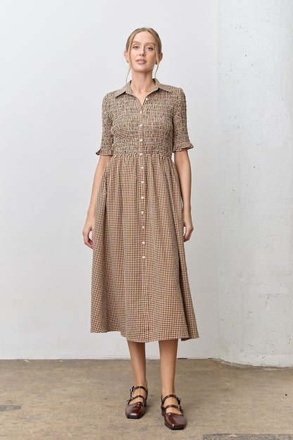 Mocha Gingham Smocked Button Down Midi Dress