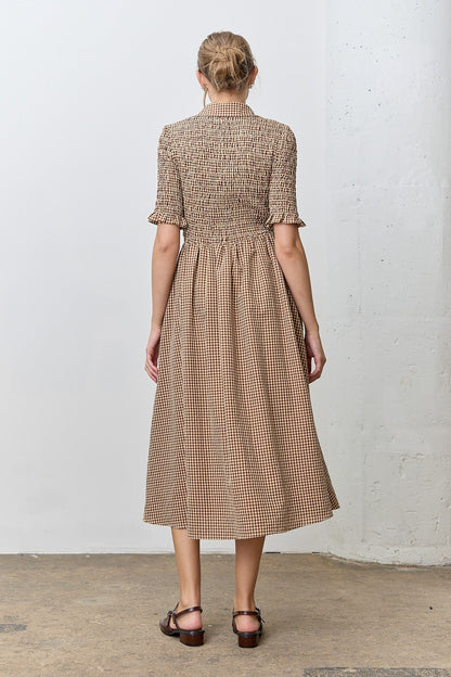 Mocha Gingham Smocked Button Down Midi Dress