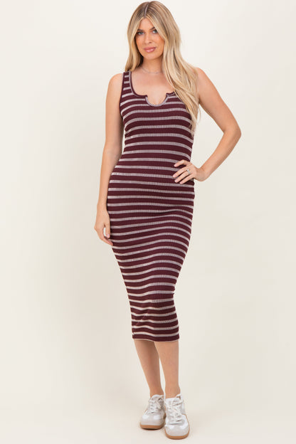 Burgundy Stripe Ribbed Sleeveless V Neck Maternity Maxi Dress