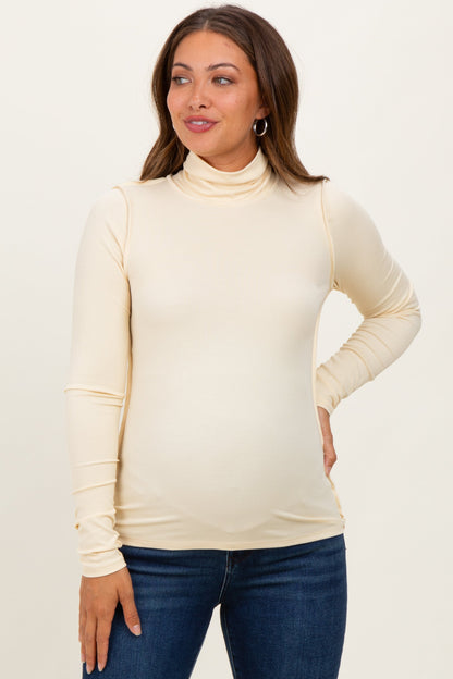 Yellow Solid Long Sleeve Ribbed Turtle Neck Maternity Top