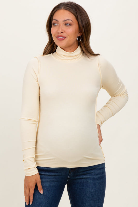 Yellow Solid Long Sleeve Ribbed Turtle Neck Maternity Top