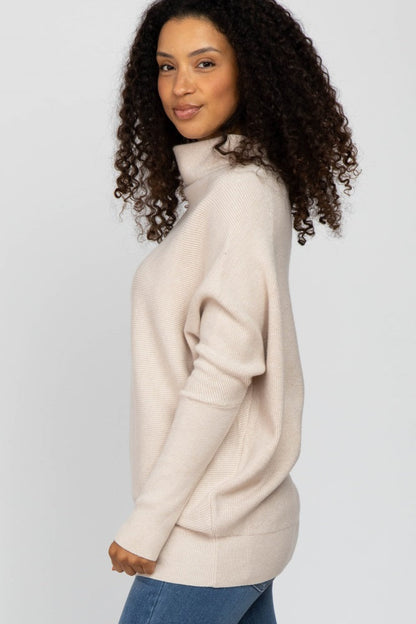 Beige Funnel Neck Dolman Sleeve Sweater