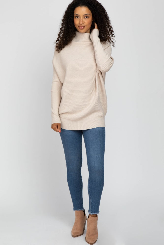 Beige Funnel Neck Dolman Sleeve Sweater
