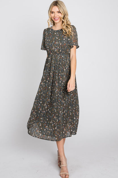 Teal Floral Pleated Chiffon Midi Dress