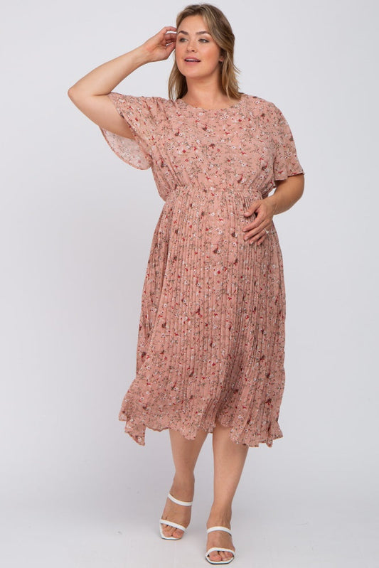 Light Pink Floral Pleated Chiffon Maternity Plus Midi Dress