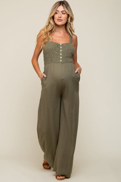 Olive Smocked Button Accent Linen Maternity Jumpsuit
