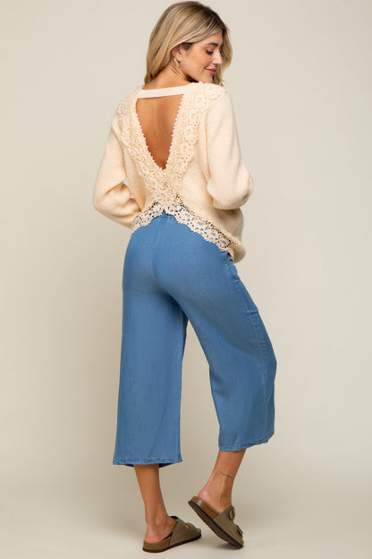 Cream Back Cutout Lace Accent Maternity Sweater