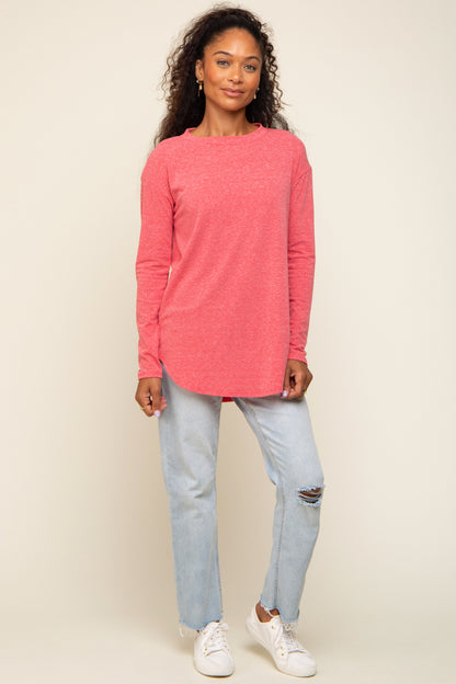 Red Long Sleeve Curved Hem Top