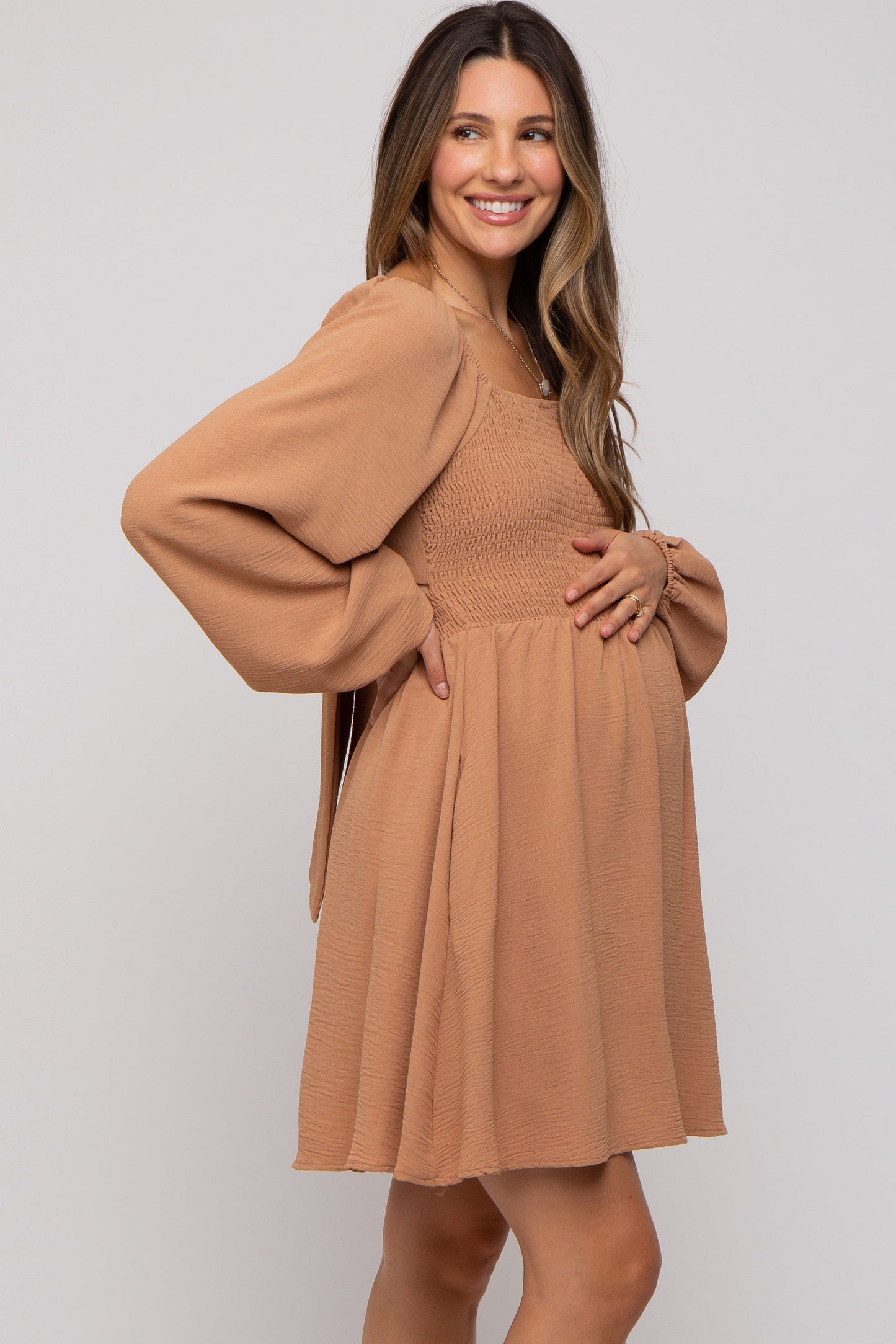 Camel Tie Back Smocked Long Sleeve Maternity Dress