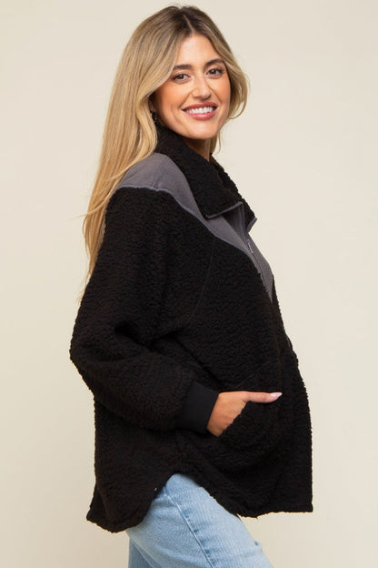 Black Colorblock Half Zip Fleece Maternity Pullover