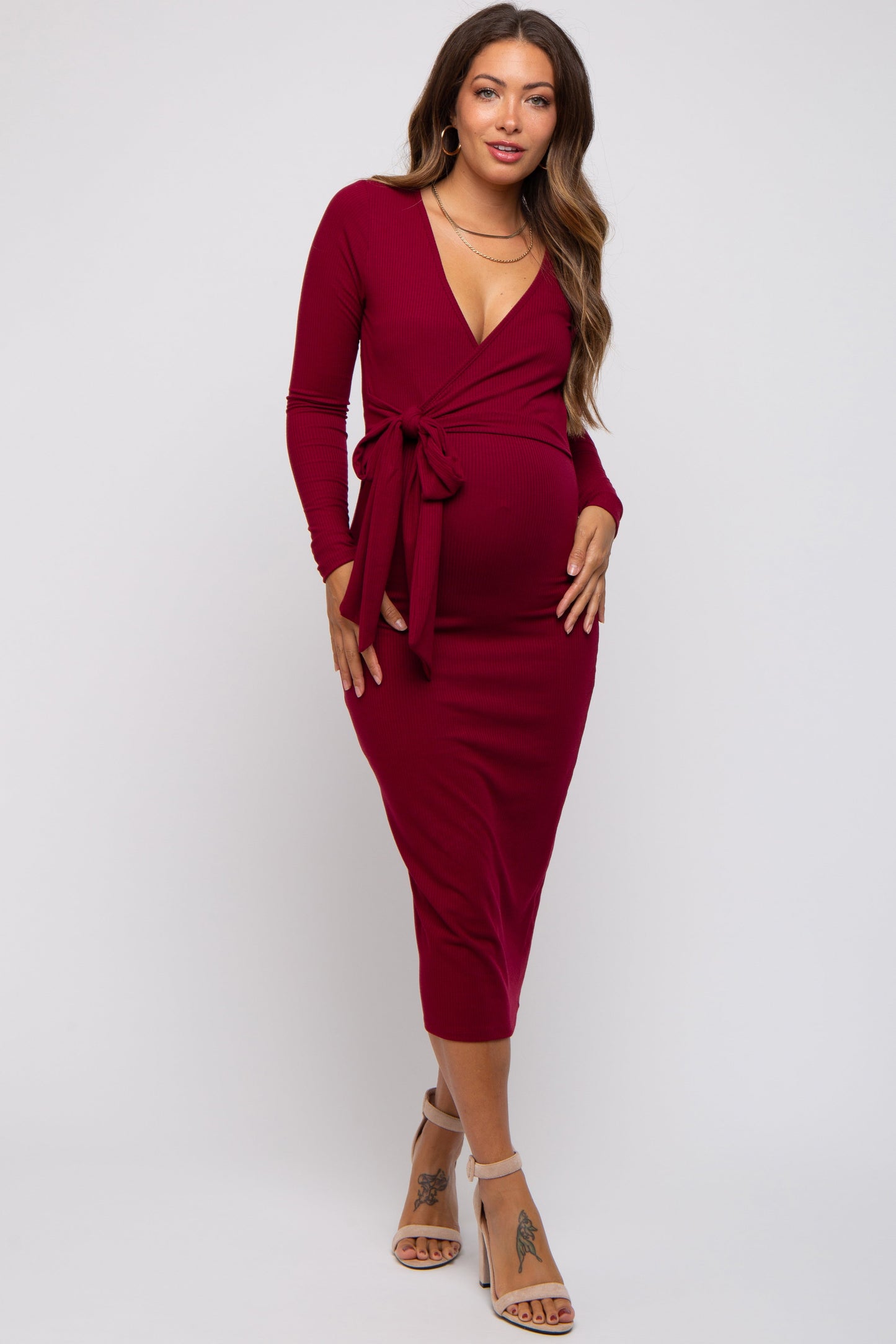 Burgundy Ribbed Long Sleeve Maternity Wrap Dress