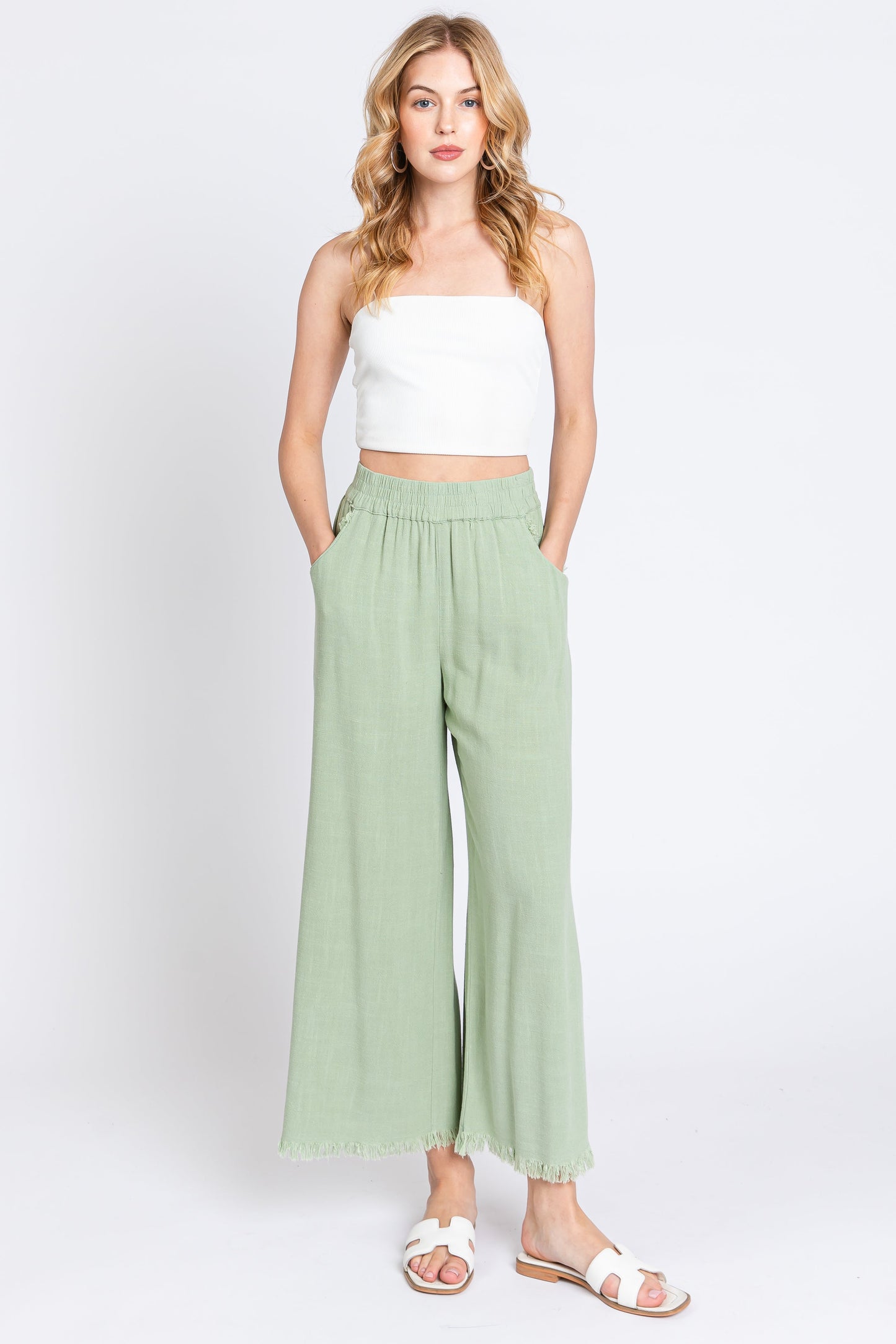 Sage Linen Frayed Hem Crop Maternity Pants